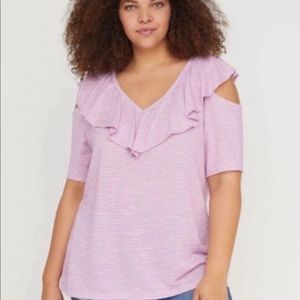 Lane Bryant Purple White Striped Cold Shoulder Ruffle Top Size 26/28